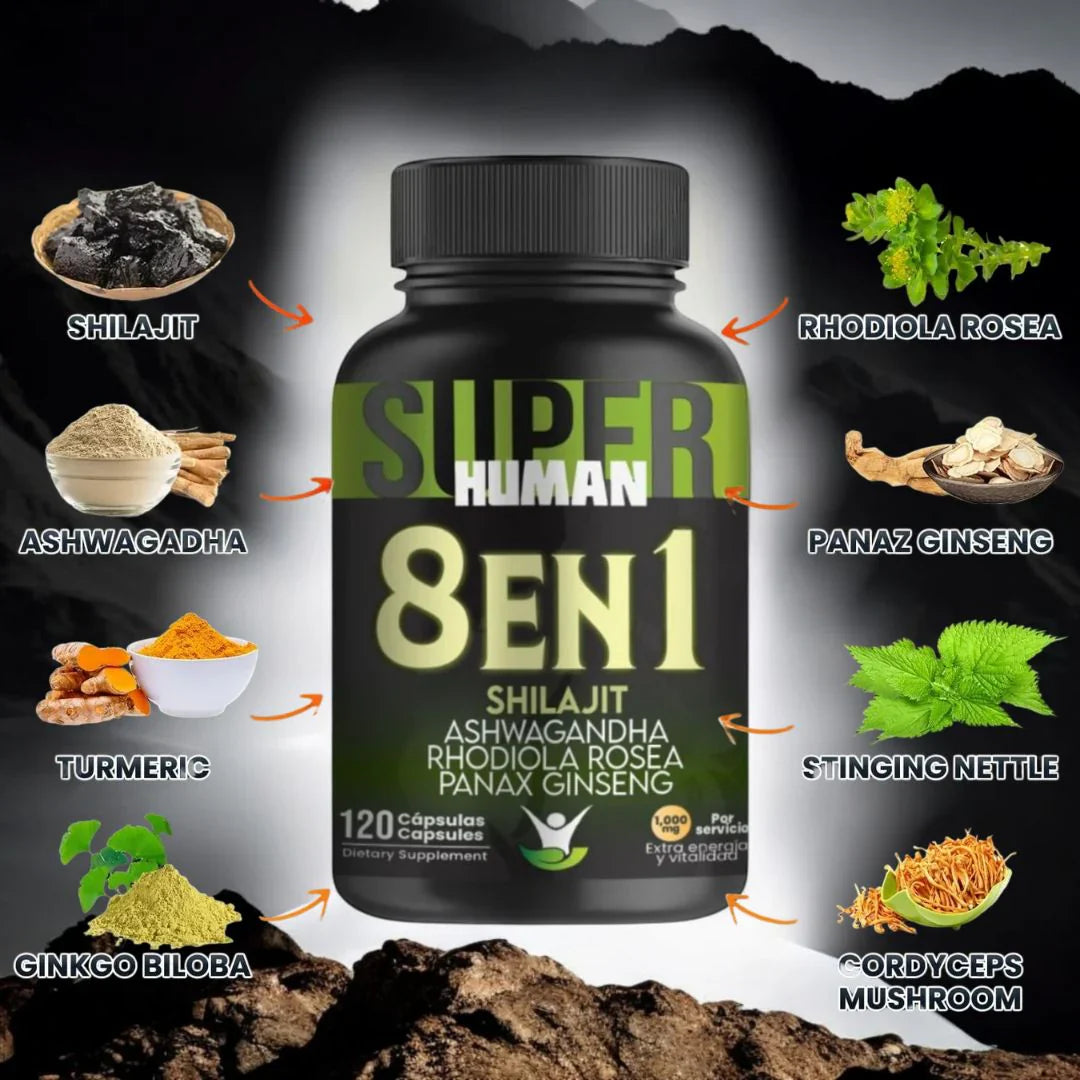 Cápsulas 8 en 1 - Shilajit Ashwagandha Rhodiola Rosea Panax y Ginseng